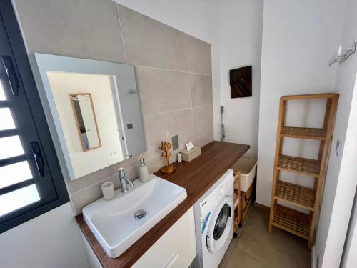 a bathroom with a sink and a washing machine at La Kazadoo in Piton Saint-Leu