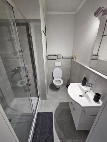 a bathroom with a shower and a toilet and a sink at Apartment Park - Air-conditioned in Šamorín