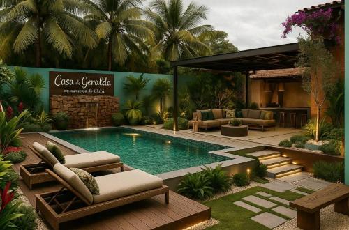 a swimming pool in a garden with chairs and tables at Pousada Casa de Geralda in Altaneira