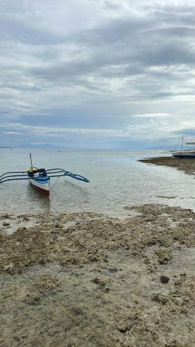 a boat tied to the shore in the water at Oia in Moalboal