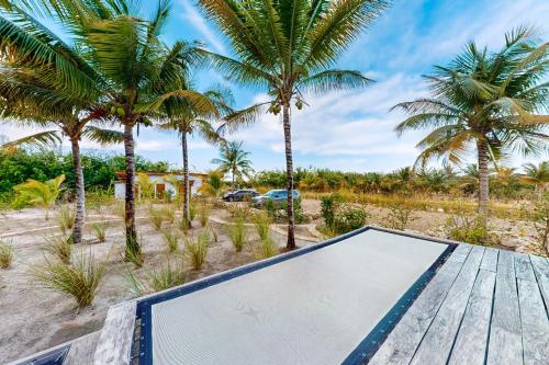 a volleyball court on the beach with palm trees at Seabird - Villa 17 in Placencia Village