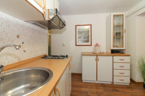eine Küche mit Spüle und Theke in der Unterkunft Aida in Poreč * Istrien in Poreč