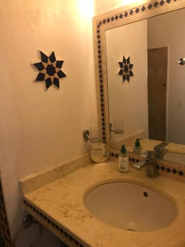 a bathroom with a sink and a mirror at Auberge Villa des Jasmins in Aghroude