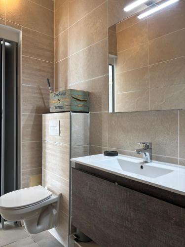 a bathroom with a sink and a toilet and a mirror at EDEN-RÉSIDENCE Le ARUBA Vue Mer et Piscine in Sainte-Luce
