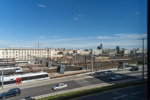 a view of a city with cars on a street at Apartamenty Przystanek Morska in Gdynia