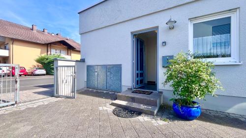 a house with a blue door and a potted plant at Gemütlicher Bungalow in Stadtnähe in Aschaffenburg