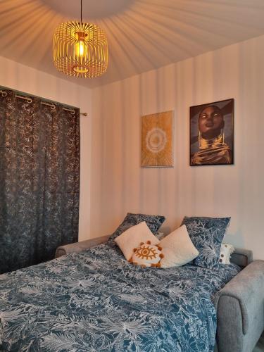 Un dormitorio con una cama y dos cuadros en la pared. en Le Globe Trotters, en Saint-Étienne