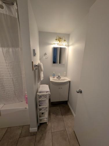 a bathroom with a sink and a shower at Gordie's Inn & Suites in Alert Bay