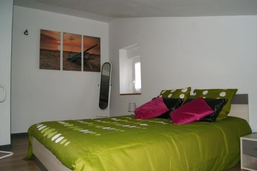 1 dormitorio con cama verde y almohadas rosas en Gite du coudray 85, en Saint-André-Goule-dʼOie