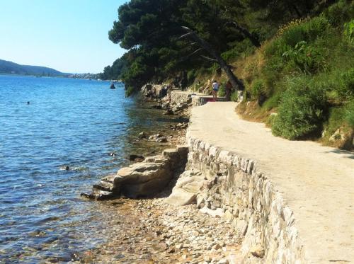 a stone wall next to a body of water at Rab City Apartment Greeny in Rab