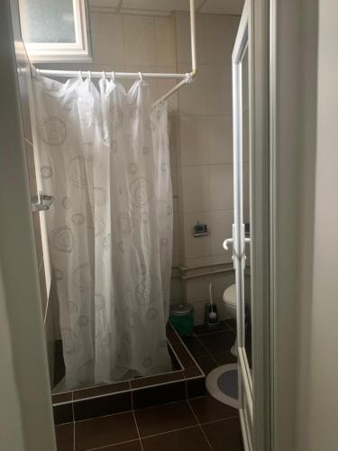 a bathroom with a shower curtain and a toilet at Zakovski in Skopje