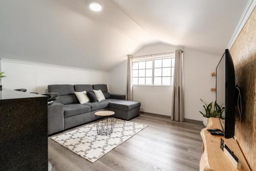 a living room with a couch and a tv at Barreiro View in Ribeira Brava