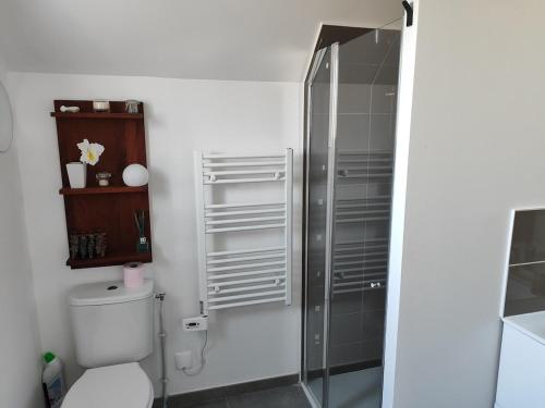 une salle de bains avec toilettes et douche en verre dans l'établissement Maison St Valéry, à Saint-Valery-sur-Somme