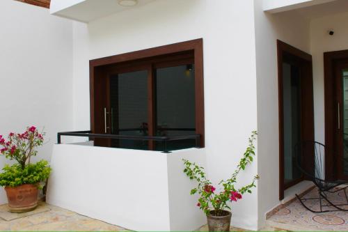 a white wall with two potted plants and a window at Hotel Monkey House Tuxtla Gutiérrez in Tuxtla Gutiérrez