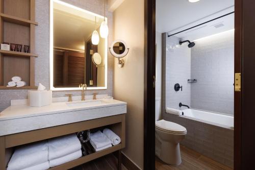a bathroom with a sink and a toilet and a tub at Alyeska Resort in Girdwood