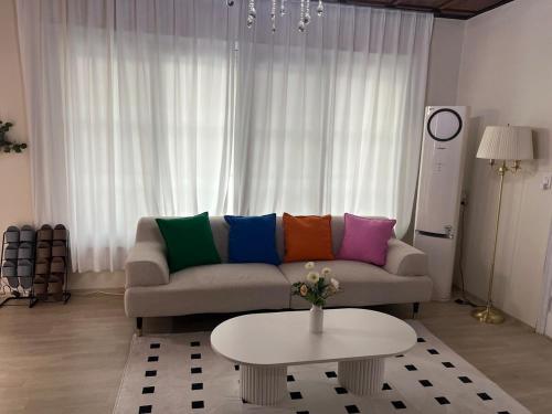 a living room with a couch with colorful pillows at FLYING Stay 플라잉스테이 in Seoul