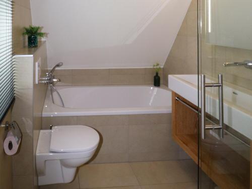a bathroom with a toilet and a bath tub at Lakeside Villa with Terrace in Delfstrahuizen