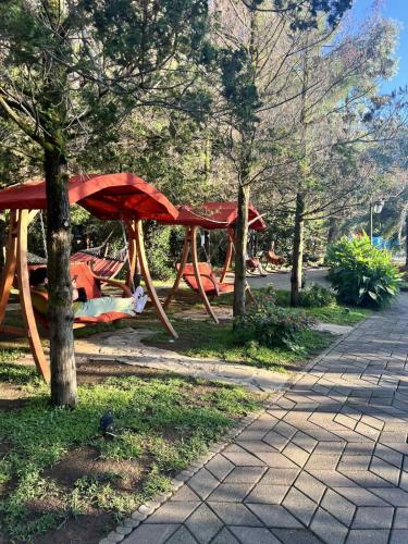 a picnic table with a red cover in a park at Dream Land Oasis 14-704 apartment in Chakvi