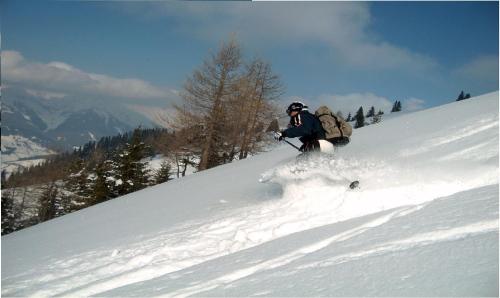 a person is skiing down a snow covered slope at Hotel Bachschmied in Maria Alm am Steinernen Meer