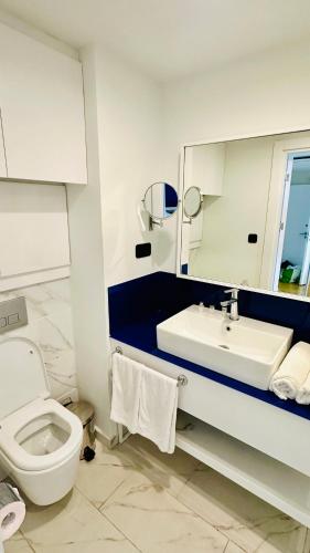 Un baño con inodoro, lavabo y espejo. en Batumi Best Line, en Batumi