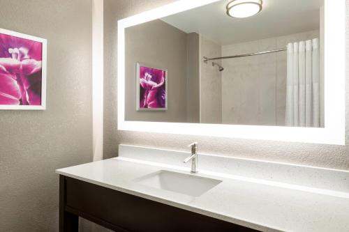 a bathroom with a sink and a large mirror at La Quinta by Wyndham Arlington North 6 Flags Dr in Arlington