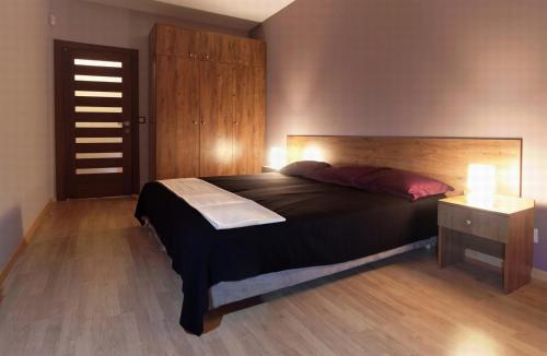 ヴィスワにあるApartament Cztery Pory Rokuのベッドルーム1室(大型ベッド1台、木製ヘッドボード付)