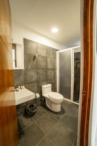 a bathroom with a toilet and a shower at Hotel Catedral Jojutla in Jojutla