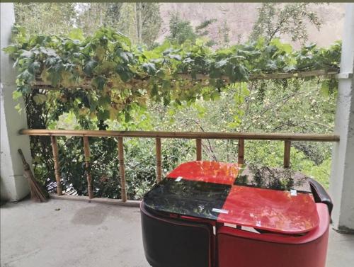 a red car parked on a porch with a fence at Apricot Cafe and Restaurant Shapa in Turtuk