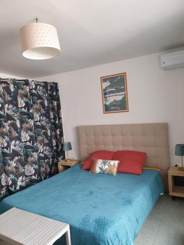 a bedroom with a bed with a blue bedspread at Ô Ravenale Manapany Les Bains in Saint-Joseph