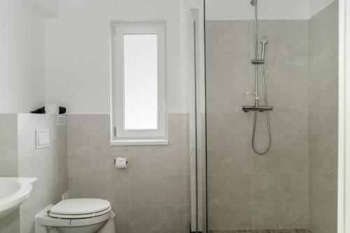 a bathroom with a shower and a toilet and a sink at Sky Rooms in Sub Coastă