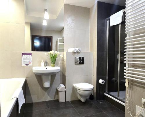 a bathroom with a toilet and a sink and a shower at VIP Apartamenty Stara Polana in Zakopane