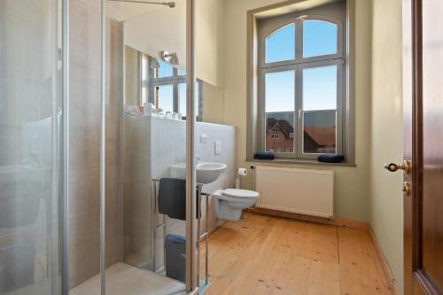 a bathroom with a toilet and a sink and a window at Villa Bianca am Huy in Dingelstedt