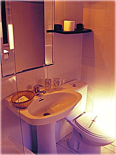 a bathroom with a sink and a toilet and a mirror at Pensión Susierra in Cardes