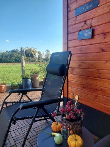 a chair sitting on a patio with pumpkins on a table at Studio apartma Žirovnik in Cerklje na Gorenjskem
