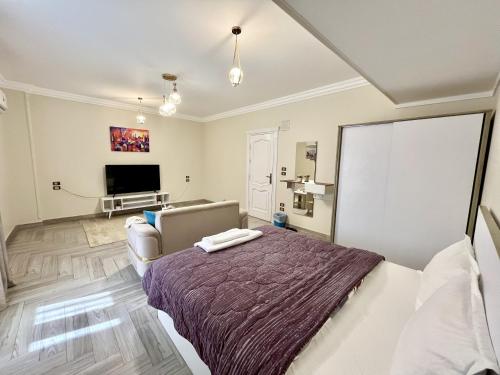 Un dormitorio con una cama y un televisor de pantalla plana. en Unique Room, en El Cairo