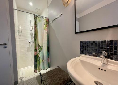 a white bathroom with a sink and a shower at Les chambres du Vallon in Chambretaud