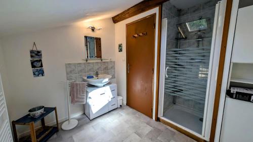 a bathroom with a sink and a glass shower at La ferme des souvenirs in Vaulry