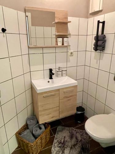 a bathroom with a sink and a toilet and a mirror at Ferienwohnung - Auszeit - Buchholzer Straße 29 in Annaberg-Buchholz