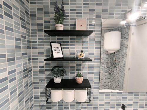 ein Badezimmer mit blau gefliesten Wänden und Regalen mit Pflanzen in der Unterkunft DUPLEX - 7min TO BEACH - HISTORIC CENTER in Alicante