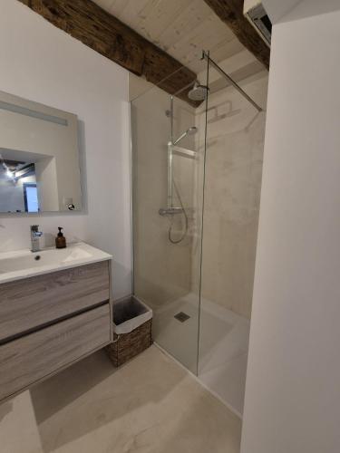 a bathroom with a sink and a shower with a glass door at La Lanterne in Saint-Hippolyte