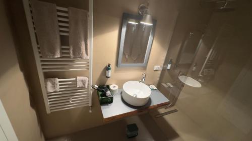 a bathroom with a white sink and a shower at Ca' De Sass in Pila
