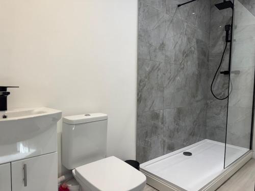 ein weißes Badezimmer mit Dusche und Toilette in der Unterkunft City Centre top floor large flat in Sunderland