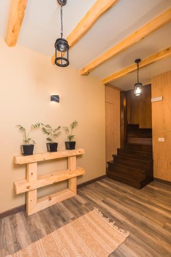a room with stairs and potted plants at Ura e Kovacit Agrotourism in Voskopojë