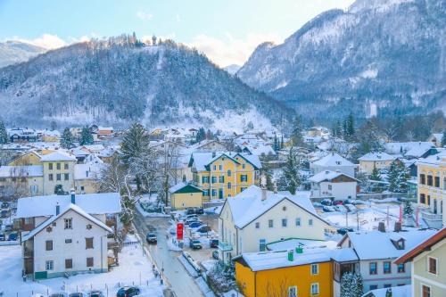 a town covered in snow with mountains in the background at Villa Leni - Premium Apartments in Bad Ischl