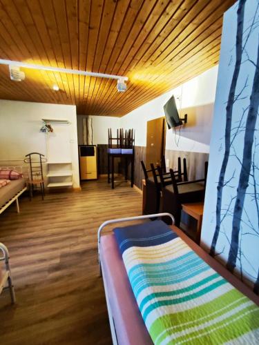 a living room with a couch and a table at Gästehaus Back - Reisfelder Hof in Reinsfeld