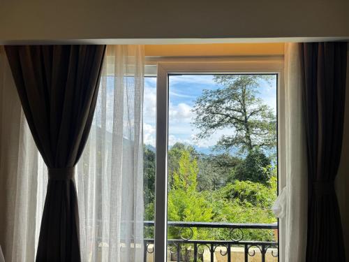 a window with a view of a balcony at Preisha Hotel and Resorts in Gangtok