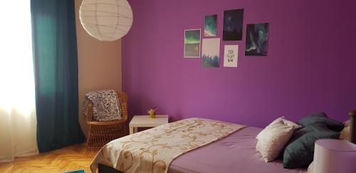 a bedroom with purple walls and a bed and a chair at Apartment Dukat Vršac in Vršac