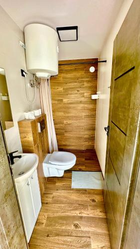 a bathroom with a toilet and a sink at Domki Pasieka Domek D in Przeczyce