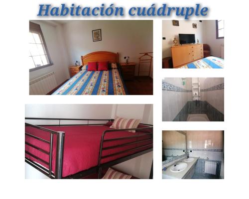 a collage of pictures of a bedroom and a bed at El Castillejo de Camarena de la Sierra in Camarena de la Sierra