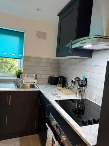 a kitchen with black cabinets and a sink at Modern City Flat, Walk to Hatfield House, Trains and University in Hatfield